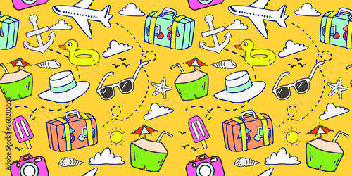 Travel to beach seamless pattern background vector hand drawn illustration