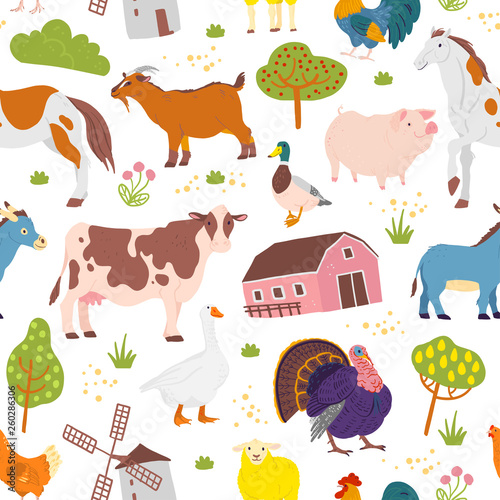 Vector flat seamless pattern with hand drawn farm domestic animals, trees, birds, house isolated on white background. Good for packaging paper, cards, wallpapers, gift tags, nursery decor etc.