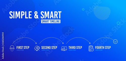 Infographic timeline. Face recognition, Cashback and Seo adblock icons simple set. Exam time sign. Faces biometrics, Receive money, Search engine. Checklist. Technology set. 4 steps layout. Vector