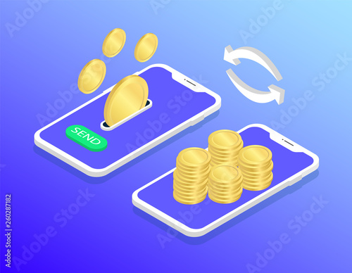 Mobile money transfer. Transaction money. Send money. Isometric.