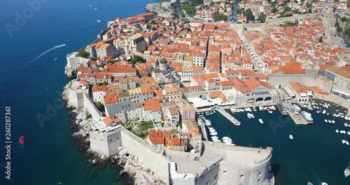 Aerial shooting of the fortress and red-tiled buildings in Dubrovnik, Croatia, made by drone