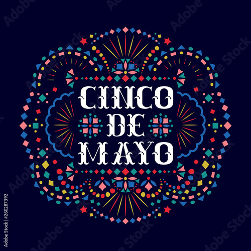 Cinco de mayo festive card with text and Mexican embroidery motif.