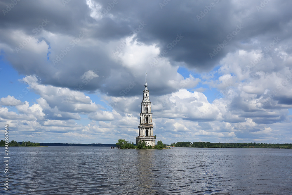 Kalyazin church / panoramic view Orthodox church on the island, russian landscape