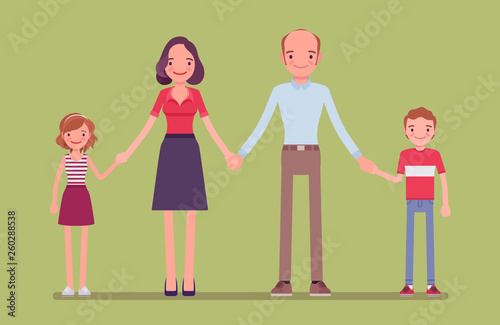 Happy family portrait. Group of two married members, parents, children living together in unit, mother, father, son and daughter holding hands and smiling, enjoy good relationship. Vector illustration