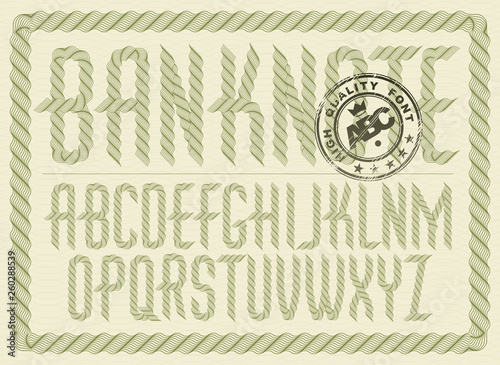 Vector upper case condensed English alphabet letters collection created with guilloche ornate, art ribbon. Can be used as graduation diploma design