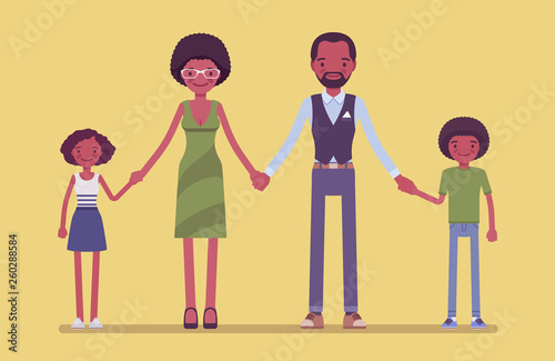 Happy black family portrait. Group of two married parents and children living together in unit, mother, father, son and daughter holding hands and smiling, enjoy good relationship. Vector illustration