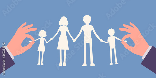 Family members paper craft garland chain. White silhouette dolls of parents and children unit, mother, father, son, daughter holding hands, therapy and psychological help symbol. Vector illustration