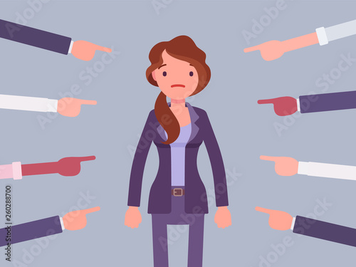 Shame on you, guilty woman. Young female manager in painful feeling of humiliation or distress after wrong or foolish behaviour, loss of respect, dishonour pointed by many fingers. Vector illustration