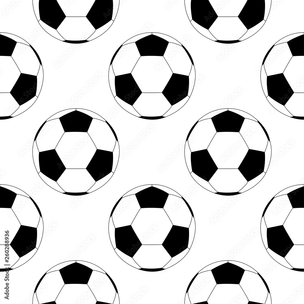 Soccer ball. Black and white flat icon. Seamless pattern