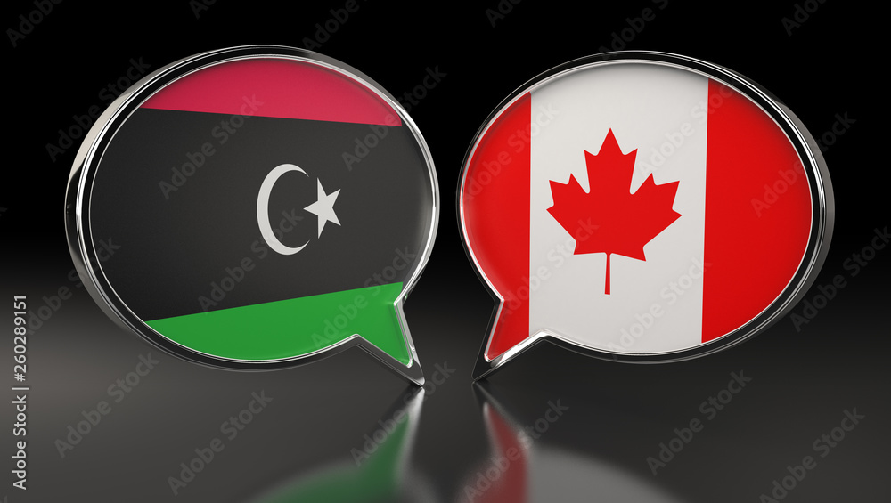 Libya and Canada flags with Speech Bubbles. 3D Illustration Libya and Canada flags with Speech Bubbles. 3D Illustration