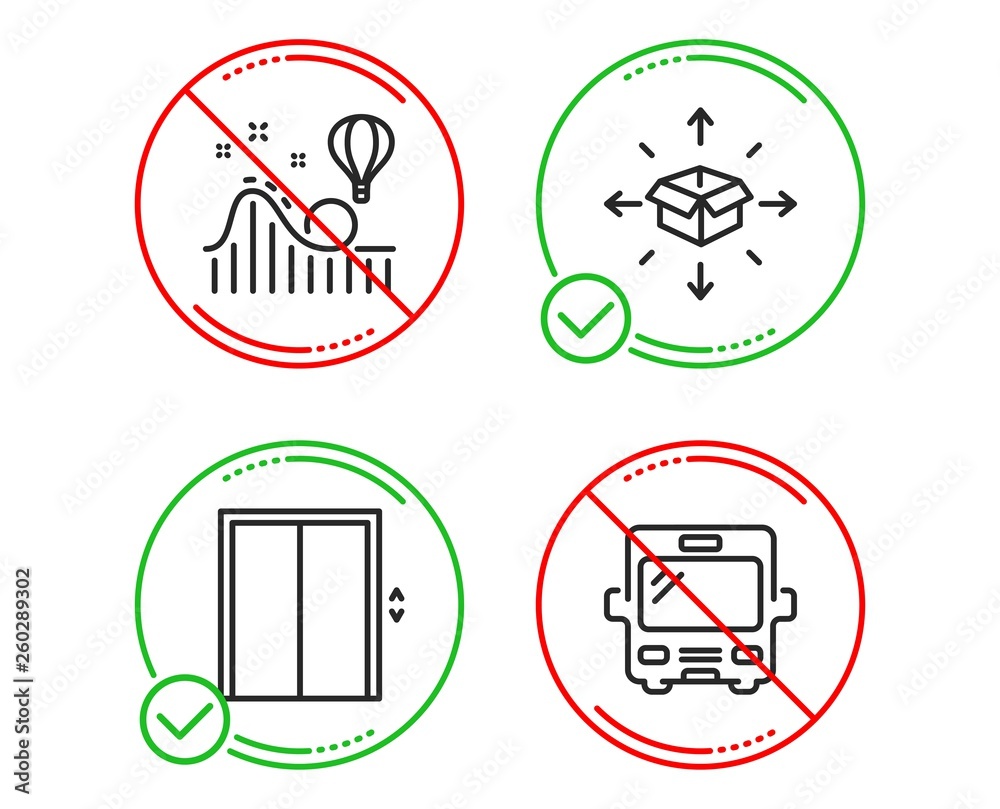 Do or Stop. Parcel delivery, Roller coaster and Lift icons simple set. Bus sign. Logistics service, Attraction park, Elevator. Tourism transport. Transportation set. Line parcel delivery do icon Do or Stop. Parcel delivery, Roller coaster and Lift icons simple set. Bus sign. Logistics service, Attraction park, Elevator. Tourism transport. Transportation set. Line parcel delivery do icon