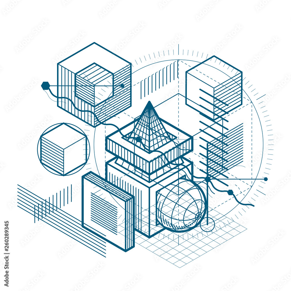 Abstract 3d shapes composition, vector isometric background. Composition of cubes, hexagons, squares, rectangles and different abstract elements.