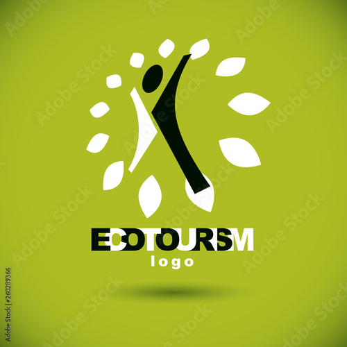 Vector illustration of excited abstract person with raised hands up. Ecotourism conceptual logo. Environmental conservation theme icon. Green ecology metaphor.