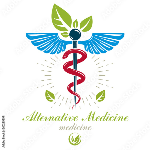 Aesculapius vector abstract logo, Caduceus symbol composed with bird wings for use in medical treatment.