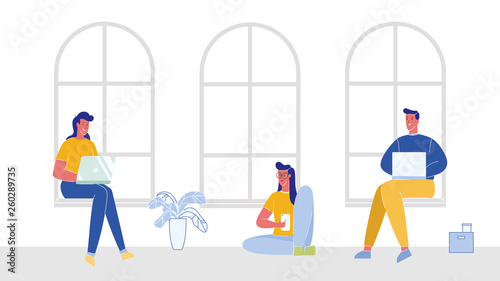 Students Using Laptops Flat Vector Illustration