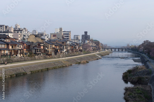 View of the Kamo River very early in the morning in Kyoto during the Hanami, typical houses of Kyoto