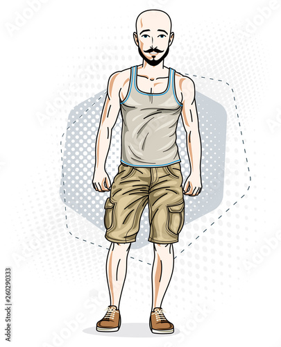 Confident athletic handsome hairless young man standing, hipster. Vector illustration of male with bead and whiskers wearing casual clothes, jeans shorts and singlet.
