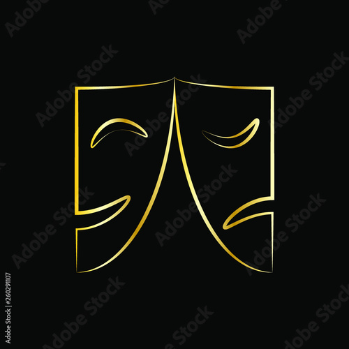 Theatrical masks icon or sign. Isolated golden silhouettes masks on black background. Vector illustration