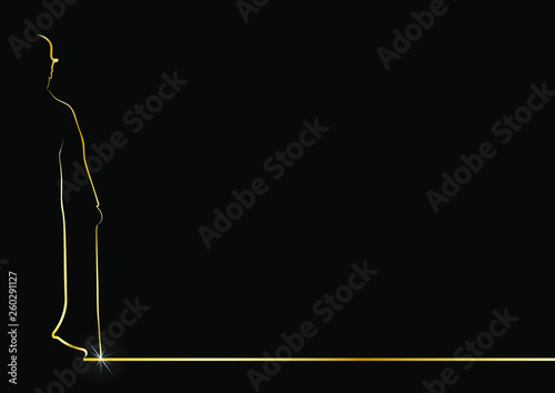 Black background with gold line the abstract golden silhouette man. Man in bowler hat with cane icon in flat style isolated on black background. Cinema symbol. Vector illustration