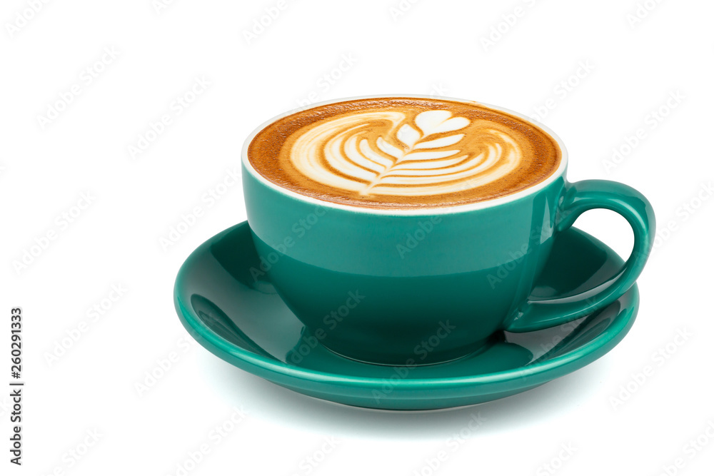 Side view of hot latte coffee with latte art in a dark green cup and saucer isolated on white background with clipping path inside. - obrazy, fototapety, plakaty 