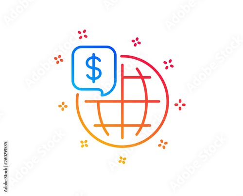 World money line icon. Global markets sign. Internet payments symbol. Gradient design elements. Linear world money icon. Random shapes. Vector