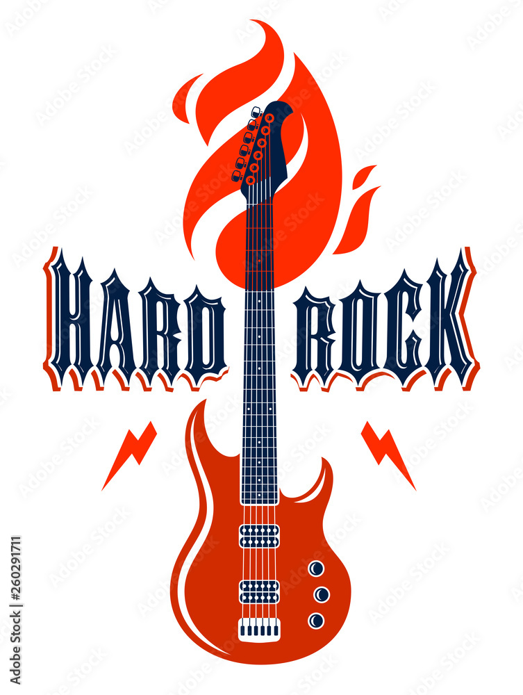 Hard Rock emblem with electric guitar vector logo, concert festival or night club label, music theme illustration, guitar shop or t-shirt print, rock band sign with stylish typography. Hard Rock emblem with electric guitar vector logo, concert festival or night club label, music theme illustration, guitar shop or t-shirt print, rock band sign with stylish typography.