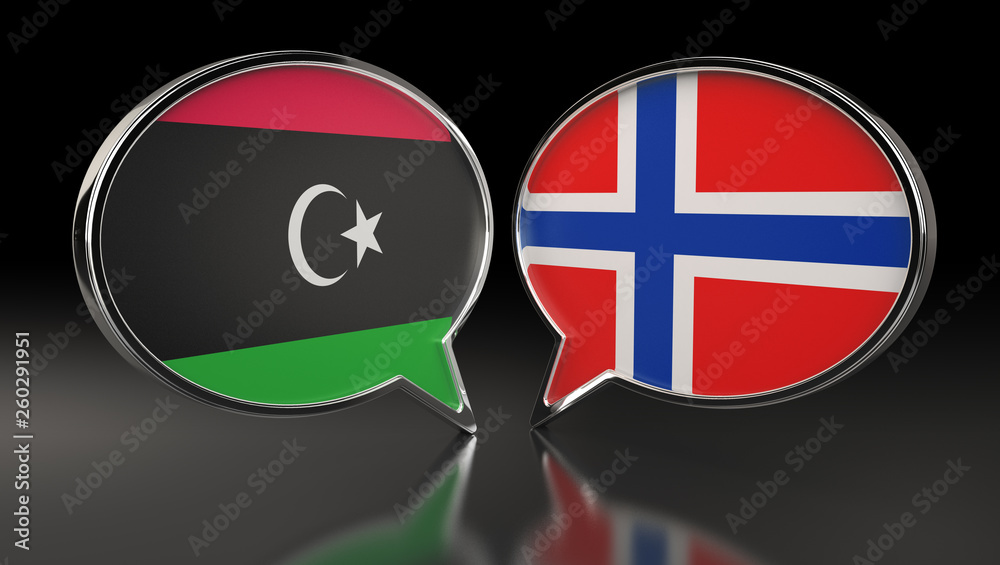 Obraz premium Libya and Norway flags with Speech Bubbles. 3D Illustration