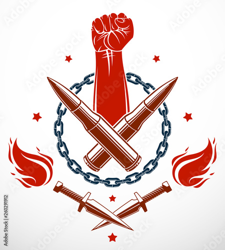Anarchy and Chaos aggressive emblem or logo with strong clenched fist, weapons and different design elements , vector vintage style tattoo, rebel rioter partisan and revolutionary.