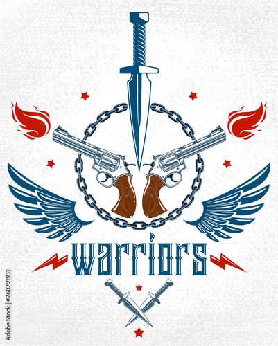 Dagger knife and other weapons  vector emblem of Revolution and War, tattoo with lots of design elements, anarchy and chaos concept, criminal and gangster style, social tension theme.