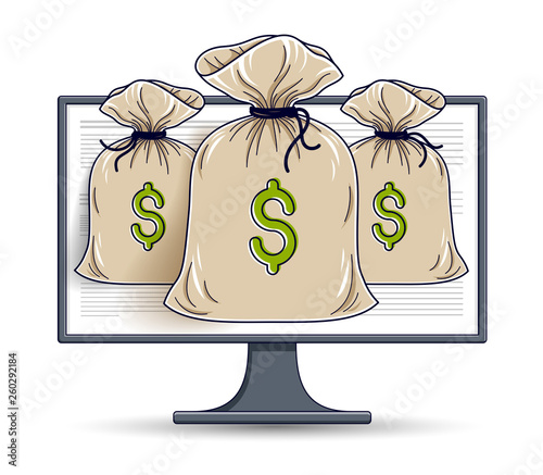 Money bag over computer monitor online banking or bookkeeping concept, internet electronic money, savings, vector design.