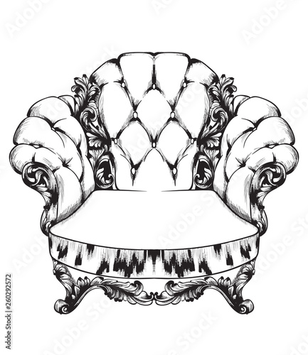Classic armchair Vector. Royal style decotations. Victorian ornaments engrave...