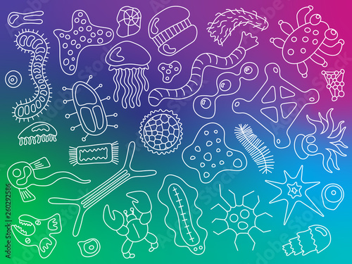 Various microorganisms on colorful gradient background pattern. Backdrop with infectious germs, protists, microbes, disease causing bacteria, viruses. Biodiversity plankton. Vector illustration