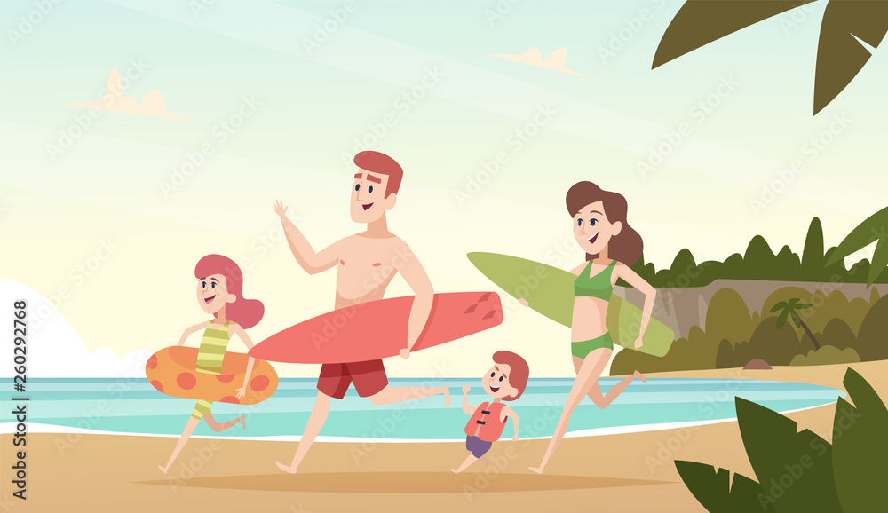 Family couple travellers. Happy kids with parents smiling people on tropical beach sea or ocean summer vacation vector background. Illustration of family vacation beach, travel to ocean