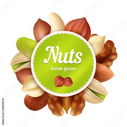 Nuts background. Healthy food snacks and peanuts collection with place for your text vector design template. Illustration of snack walnut, cashew, hazelnut and pistachio