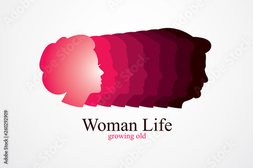 Woman life age years concept, the time of life, periods and cycle of life, growing old, maturation and aging, one generation and age categories. Vector simple classic icon or logo design.