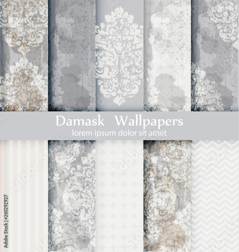 Damask patterns set collection Vector. Baroque ornament grunge background. Vi...