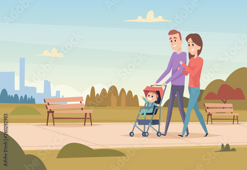 Happy family. Mother and father with children love family couple outdoor playing with kids boys and girls vector characters. Illustration of people parent mother and father with kid