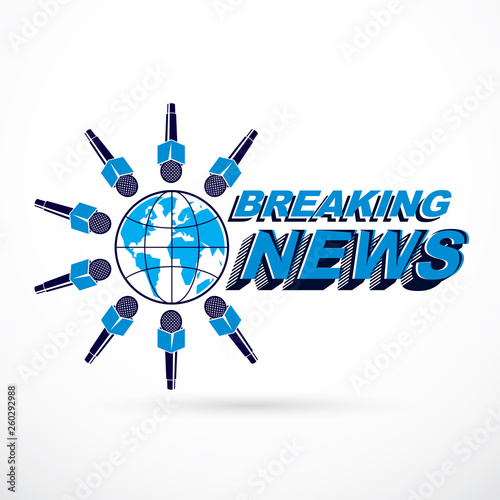 Social telecommunication theme vector logo created with blue Earth planet illustration surrounded with microphones and with breaking news inscription. Press conference concept.