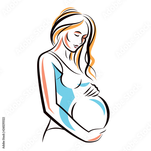 Vector hand-drawn illustration of pregnant elegant woman expecting baby, sketch. Love and fondle theme.