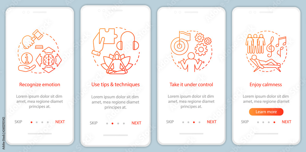 Emotions managing onboarding mobile app page screen with linear concepts