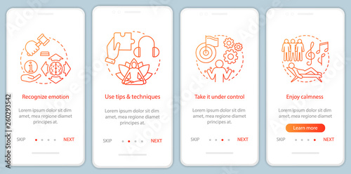 Emotions managing onboarding mobile app page screen with linear concepts