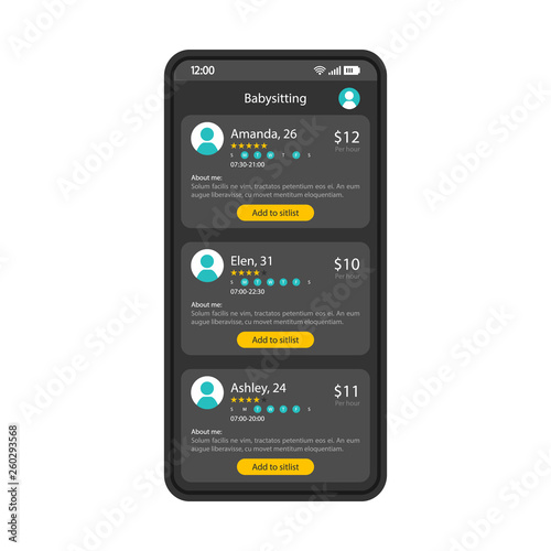 Babysitting app smartphone interface vector template