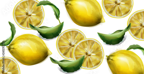 Lemon pattern Vector watercolor texture. Vintage fresh fruit backgrounds
