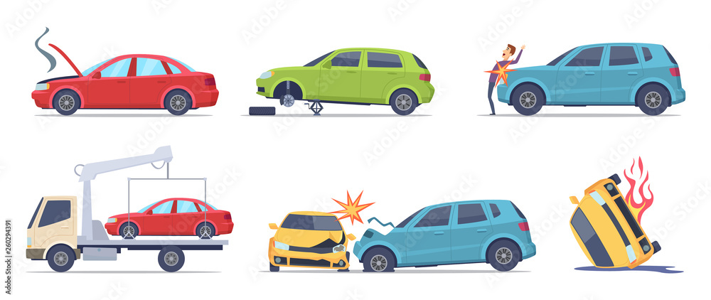 Car accident. Damaged transport on the road repair service insurances vehicle vector illustrations in cartoon style. Accident crash car, emergency broken and insurance auto