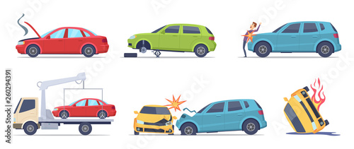 Car accident. Damaged transport on the road repair service insurances vehicle vector illustrations in cartoon style. Accident crash car, emergency broken and insurance auto photo
