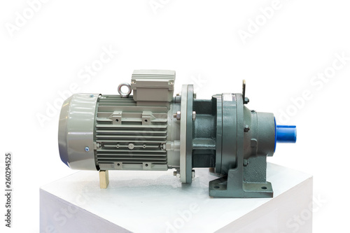 modern of high technology electric motor with reduce gearbox on table isolated on white background with clipping path