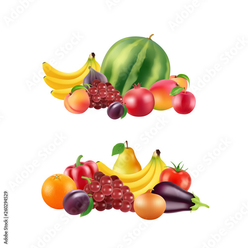 Fototapeta Naklejka Na Ścianę i Meble -  Vector realistic fruits and berries piles set isolated on white background illustration. Food fruit juicy, ripe banana and berry