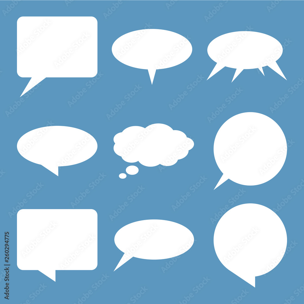 White flat speech and think bubbles set. Vector design elements