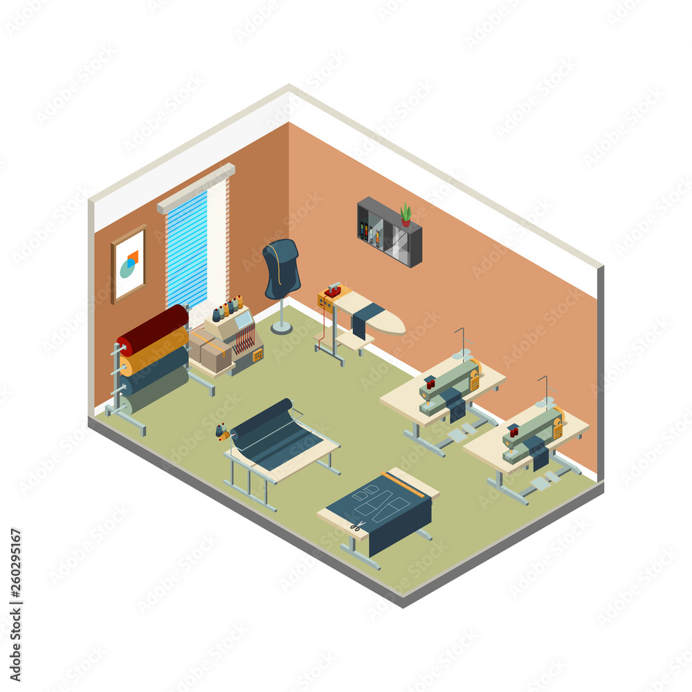 Textile production. Manufacturing factory with sewing machines for textile embroidery vector isometric. Illustration of manufacture production, sewing machine