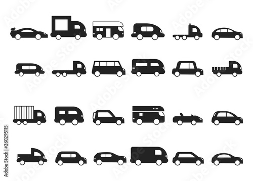 Car icons. Pictograms of black transport truck suv minivan vector silhouettes isolated. Hatchback car silhouette monochrome, auto minivan and cabrio illustration